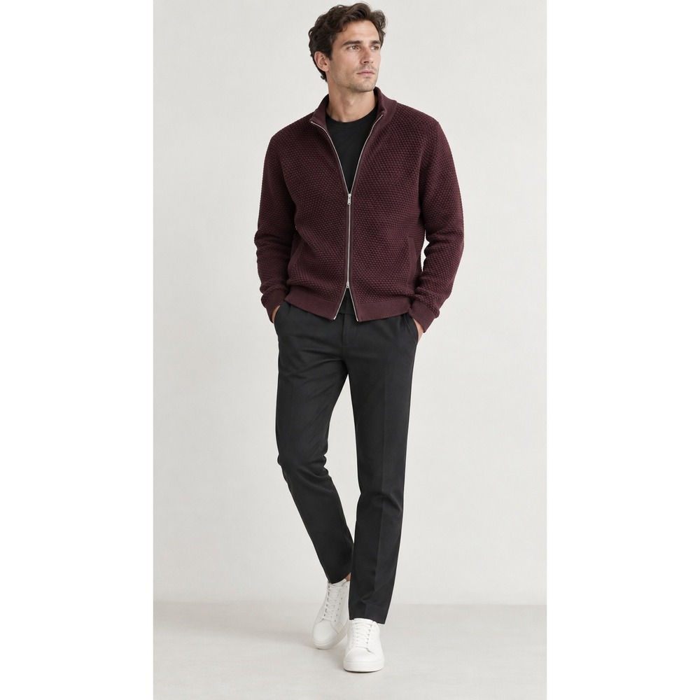 Theory Men's Udeval Breach Waffle Knit Full Zip Sweater Burgundy Wine- Large
